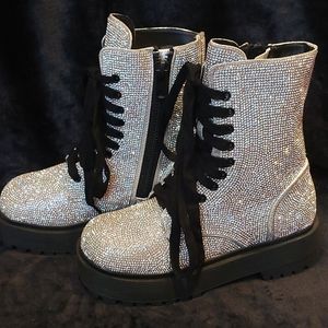 Poster Girl Silver Bling Combat Boots Woman Size 6 Diamond Platform